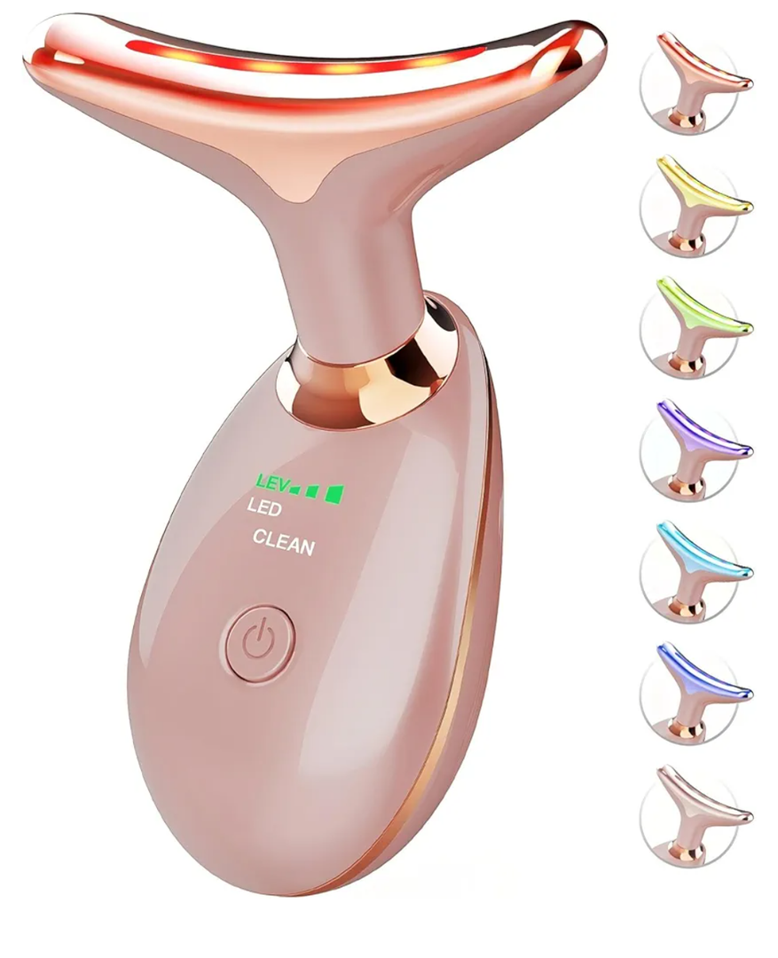 Red Light Therapy for Face and Neck, 7 Color Face Massager Tool for Wrinkles, Double Chin, Vibrating Facial Massager with Thermals for Skin Care, Rose Gold