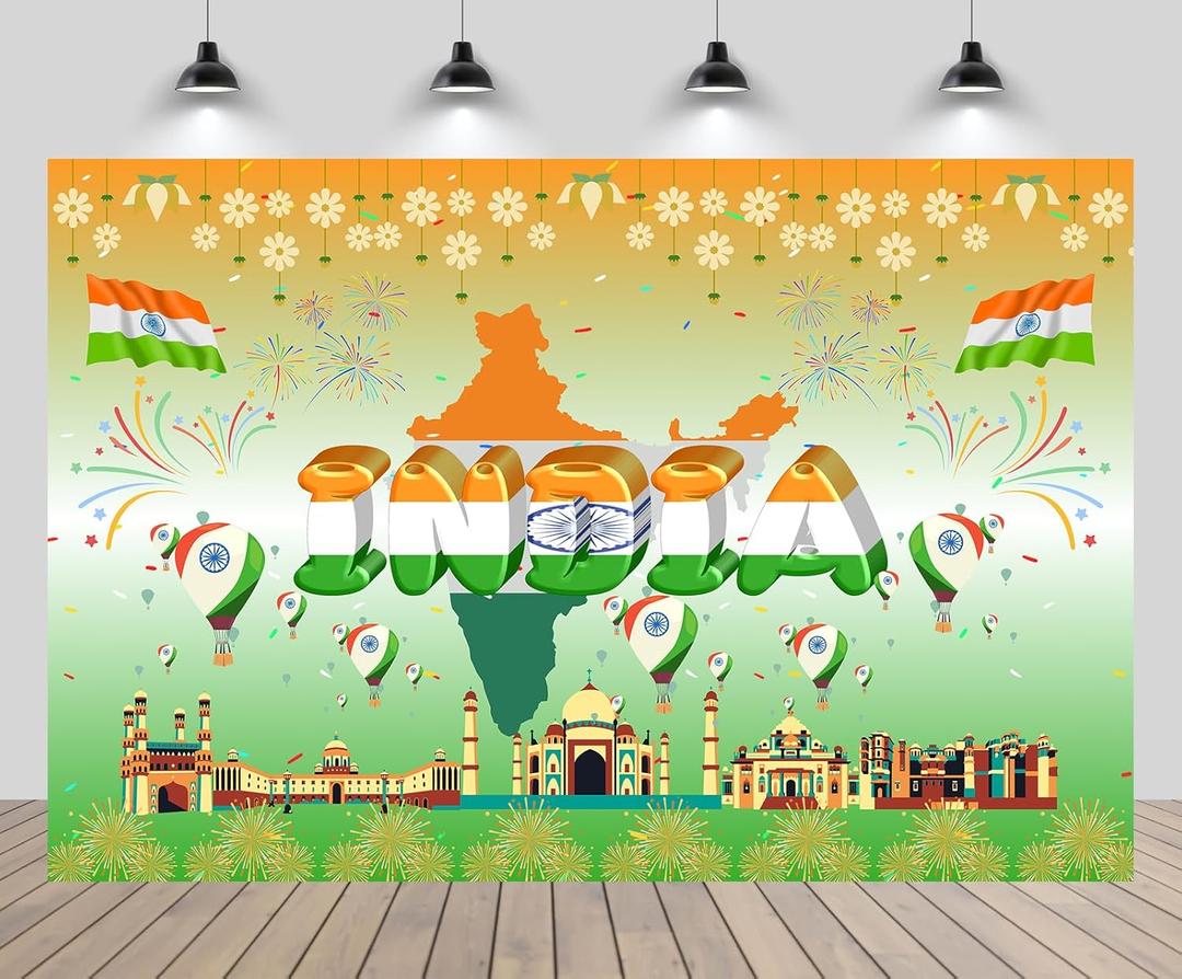 7x5ft India Day Backdrop Indian National Flag India Traditional Symbols 15th August Independence Day Historical Landmark Background Indian Theme Party Decorations Photo Studio Props (B1-3855)