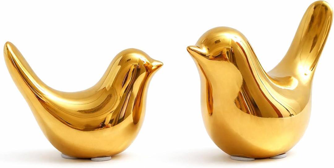 2 Pcs Ceramic Small Bird Figurines Modern Animal Statues for Home Room Decor and Bedroom Decor and Bookshelf Display (Gold)