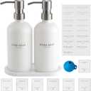 Glass Soap Dispenser - Dish Soap Dispenser for Kitchen and Hand Soap Dispenser Set, Bathroom Soap Dispenser with 304 Rust Proof Pump, Soap Dispenser for Kitchen with Tray, White Bottle/Silver Pump