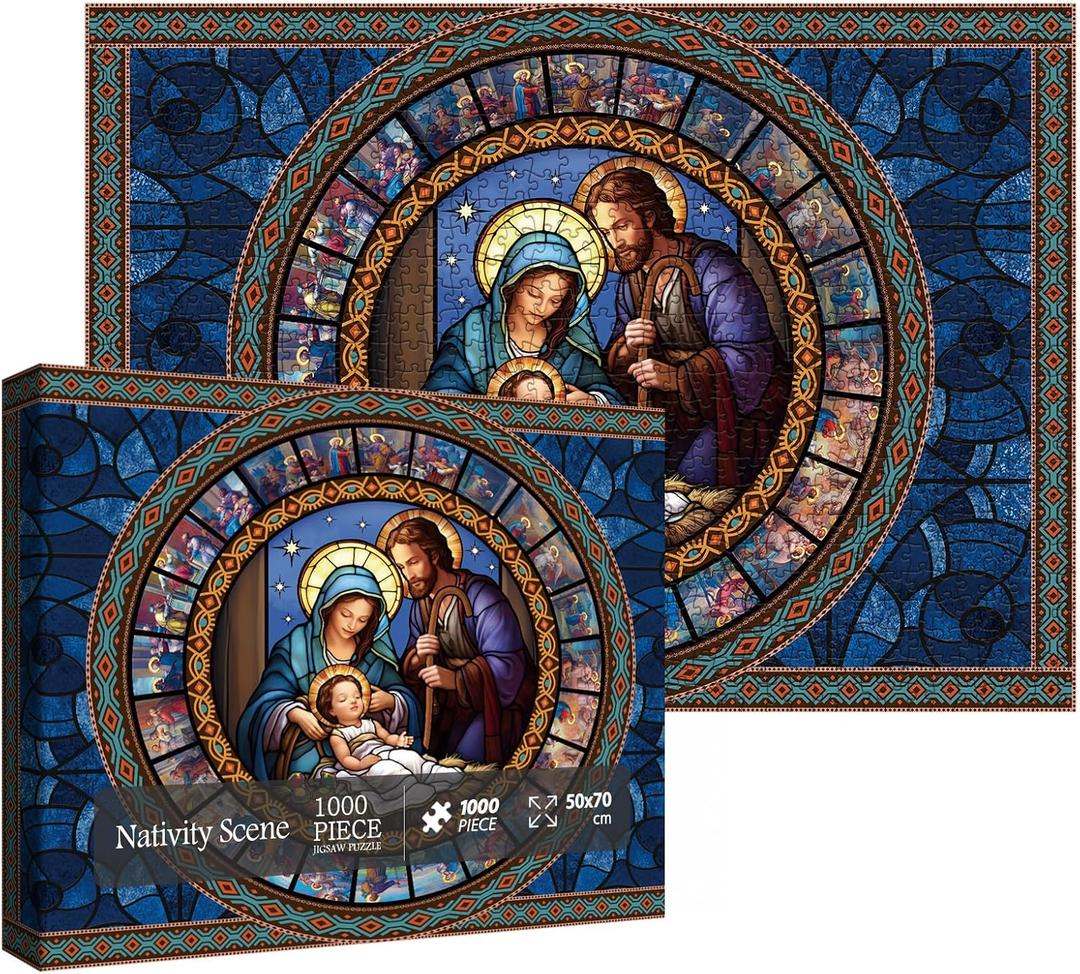 Stained Glass Nativity Scene Puzzle for Adults 1000 Pieces, Christian Art Jesus Jigsaw Puzzles, Religious Cross Puzzle as Home Decor