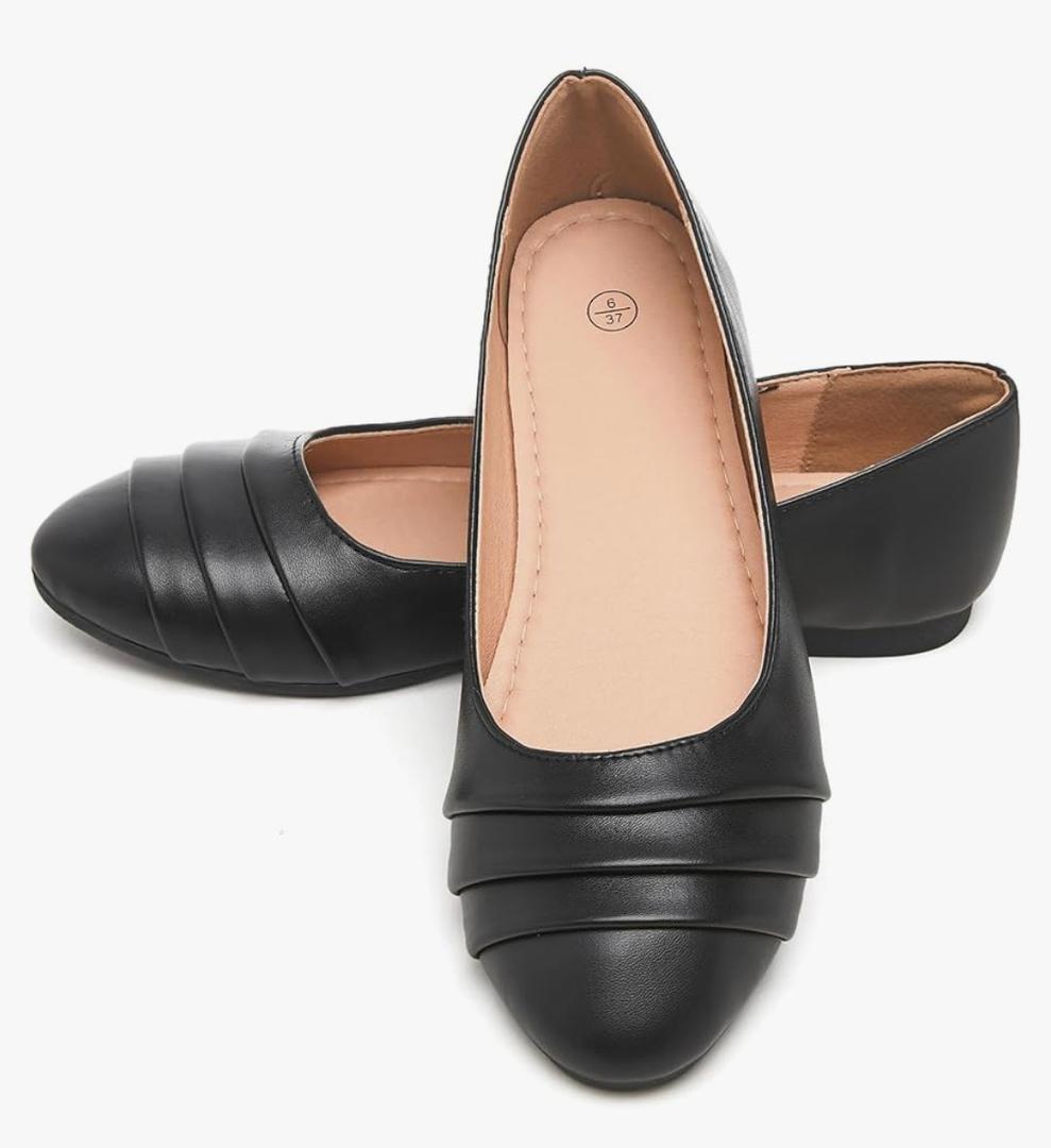 HEAWISH Women's Black Flats Shoes Round Toe Slip On Casual Ballet Flats PU Leather Dressy Work Shoes. Size 5