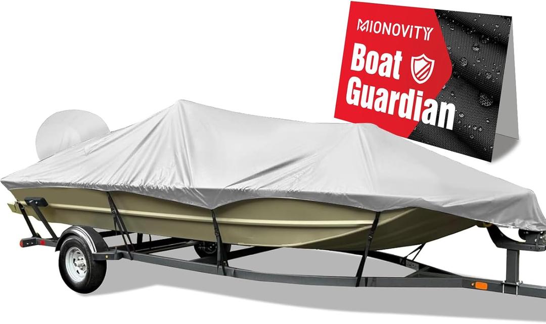 800D Heavy Duty Waterproof Boat Cover 14-16 ft (14',15',16') with Motor Cover - Fits Bass/V-Hull/Runabout/Fishing/Bowrider Boats - Canvas Protective Cover for 14 15 16 Foot Boats (Length 14-16 ft, Beam Width: up to 68", Grey)