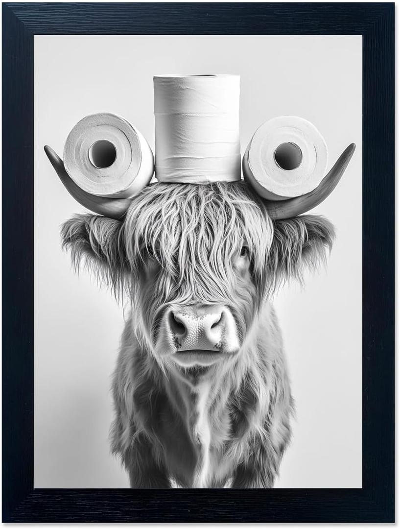 Funny Highland Cow Bathroom Wall Art with Toilet Paper on Head, Humorous Farmhouse Sign for Bathroom Decor, Rustic Black Framed Canvas Print for Restroom Toilet, Ready to Hang 8x10 Inch