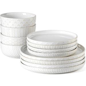 Stoneware Dinnerware Sets Service for 4, 12 pcs Reactive Glaze Plates and Bowls Sets, Embossed Boho Ceramic Dish Set, Highly Chip and Crack Resistant Farmhouse Plate Set, Ivory White