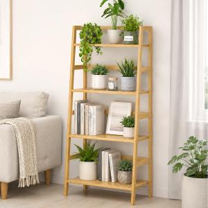 Bamboo Ladder Shelf, 4-Tier Wooden Ladder Bookshelf & Bookcase Organizer, 21"W x 12.5"D x 50"H
