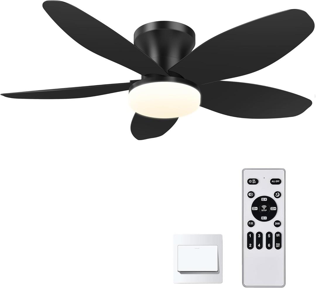 AYSEMO 42" Low Profile Ceiling Fan with Lights & Remote - 6-Speed Wind, Reversible DC Motor, Dimmable 3-Color LED, Timer & Memory Function for Bedroom/ Living Room/ Patio (Black)
