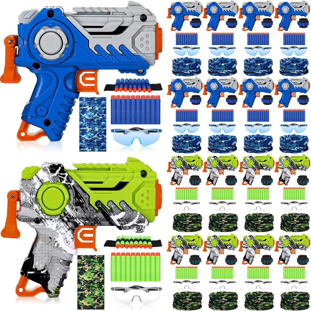 Seenelling 16 Set Tactical Party Supplies Gun Themed Party Favors Kit Included Toy Guns, Wrist Belt Band, Foam Bullets, Safety Glasses, Face Mask Birthday Gift (Blue,Green)