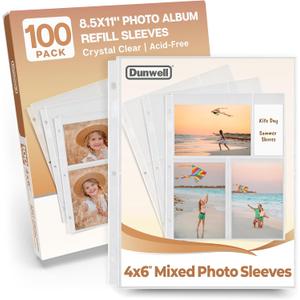 Dunwell Photo Sleeves for 3-Ring Binder, (4x6 Mixed Format, 100 Pack) for 600 Pictures, Each Photo Page Sheet Holds Six 4 x 6 Pictures or Postcards, Acid-Free Poly 4x6 Album Refill Pages