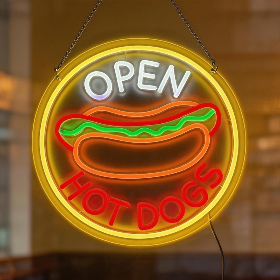 Hot Dog Open Neon Sign 13.5" x 13.5" LED Light Up Business Open Sign for Fast Food Shop Restaurant Bar Kitchen Wall Decor Dimmable USB Powered Neon Light Gift for Hot Dog Lovers