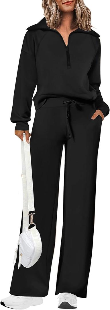 PRETTYGARDEN Women's 2 Piece Outfits Casual Lapel Half Zip Sweatshirts And Wide Leg Pants Tracksuit Sets (Large, Black)