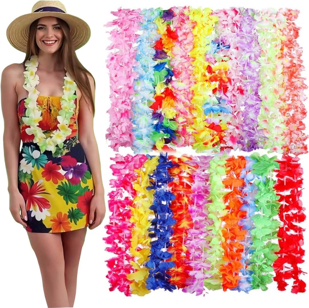 Hawaiian Leis for Luau Party 50 Pcs Tropical Hawaiian Flower Adjustable Necklace Colorful Hawaii Leis Bulk Artificial Flowers for Wedding Hula Dance Decor Birthday Summer Beach Pool Party