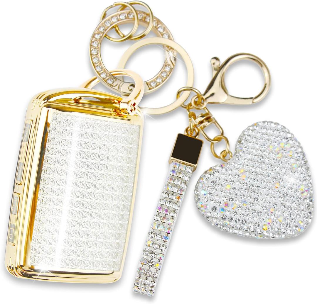 Key Fob Cover with Diamond Keychain, Car Key Shell for Women, Compatible with 2019-2022 Mazda 3 Hatchback 2020-2022 CX-5, CX-30, CX-10 (3 Buttons-Gold Heart)