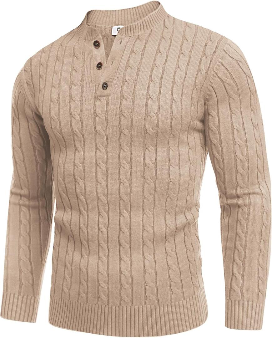 COOFANDY Men Casual Knit Sweater Quarter Button Henley Long Sleeve Slim Fit Twisted Pullover Sweater (Beige, M)