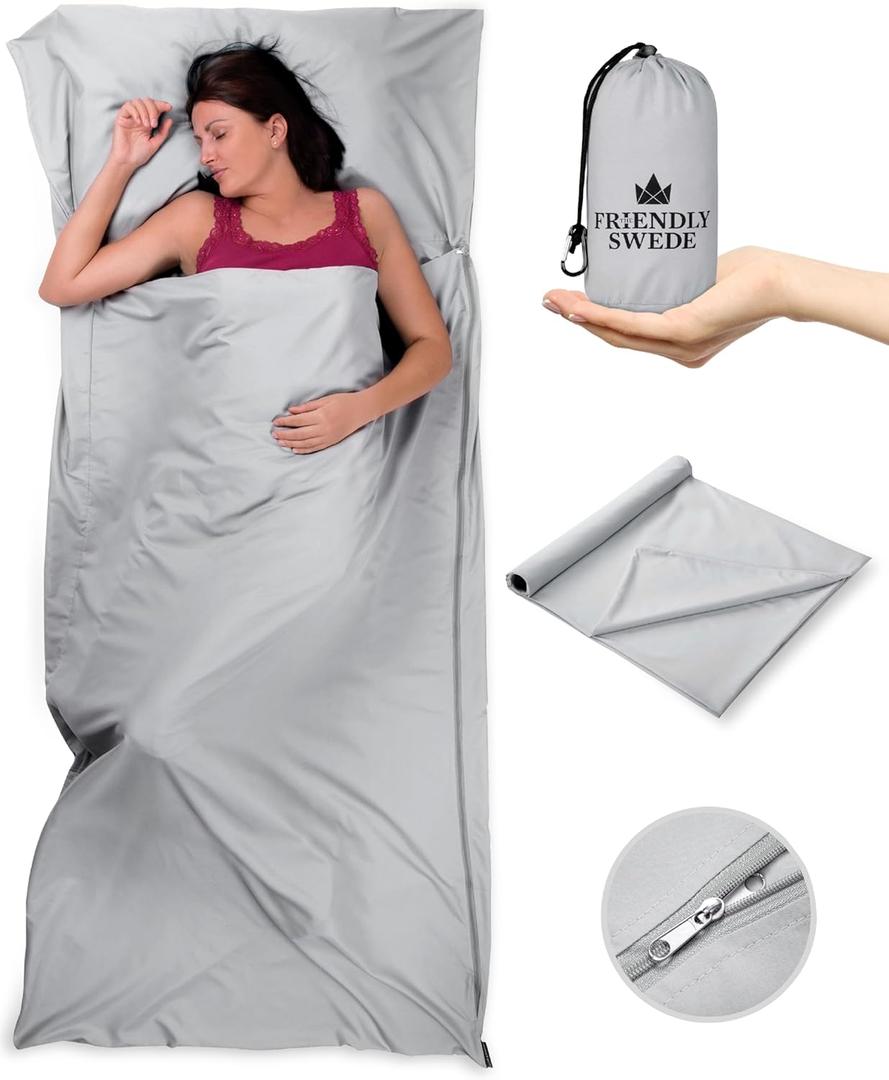 The Friendly Swede Sleeping Bag Liner  Ultralight Polyester or Cold Weather Microfiber Adult Sleep Sack- Camping Sheets - Travel Sleeping Bag with Pocket-Size Stuff Sack (Grey Microfiber - with Zipper - Single)