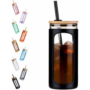 Kodrine 20oz Glass Water Tumbler with Straw and Lid, Bamboo Lids Water Bottle, Iced Coffee Cup Reusable, Wide Mouth Smoothie Cups with Protective Silicone Sleeve BPA FREE-Black