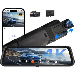 4K Rear View Mirror Camera, 10" Mirror Dash Cam Front and Rear with 64GB Card, Full Touch Screen Dash Cam with 1080P Backup Camera for Car with Reverse Assist,WiFi,APP,Night Vision,Parking Monitor