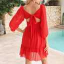 PUKAVT Women's Summer Dresses 2026 Square Neck Tie Back 3/4 Lantern Sleeve Vintage Chiffon Short Dress (XS)