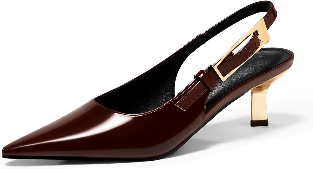 Coutgo Womens Slingback Kitten Heels Closed Pointed Toe Pumps Buckle Strap Wedding Party Dress Shoes (7, Red-brown)