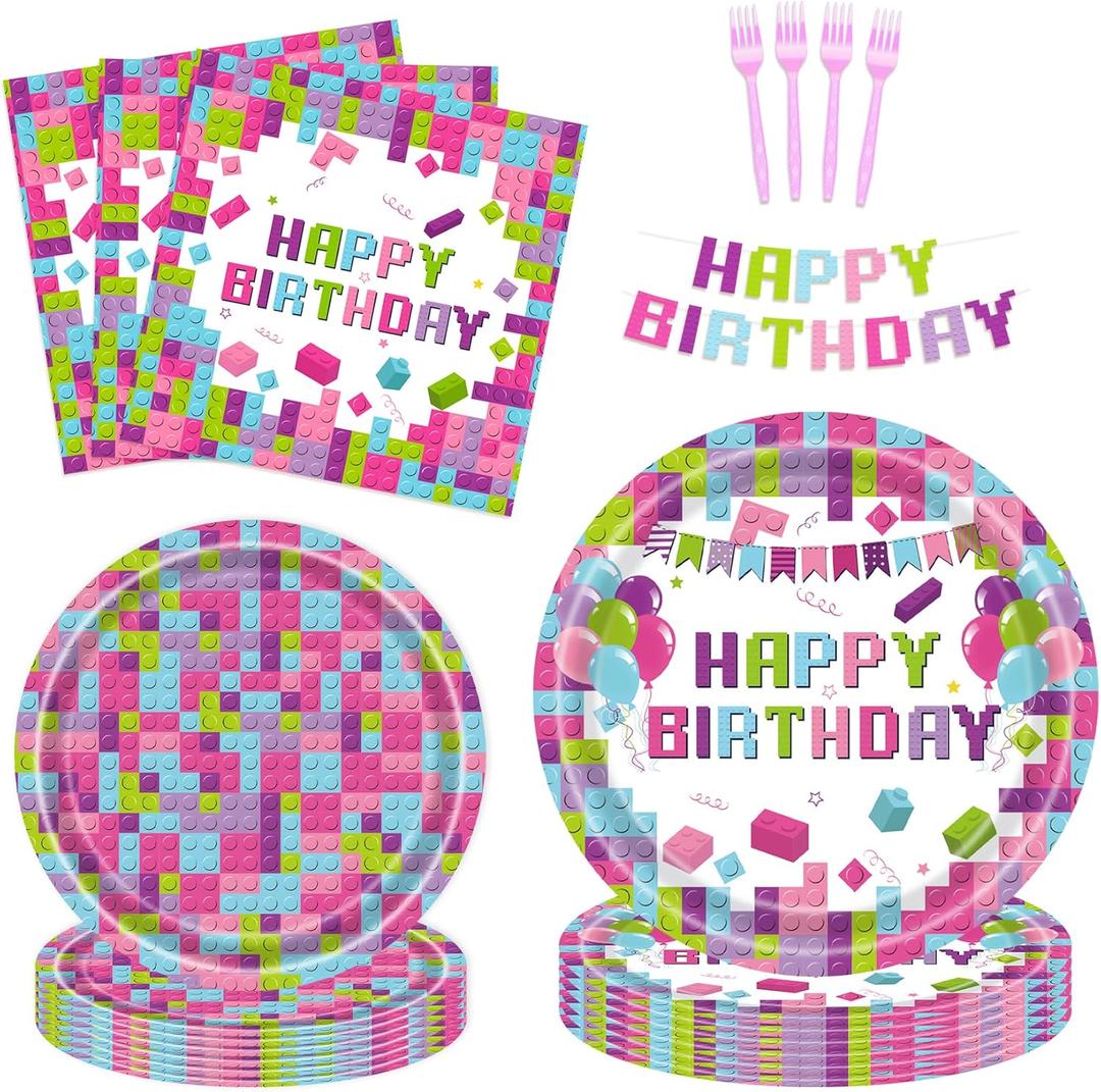 Block Pattern Party Supplies Tableware Set for 24 Guests 97 Pcs with Plates, Forks, Napkins and Banner Disposable Party Dinnerware for Adult Birthdays