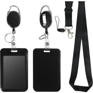 Retractable ID Badge Holder with Breakaway Lanyard,Heavy Duty Badge Reel,Detachable Keychain, Cruise Ship Cards Holder,for Nurse Officer Teacher Security Staff Women Men (2 Vertical Holders, 2 Oval Reels, 1 Lanyard, Black-1)