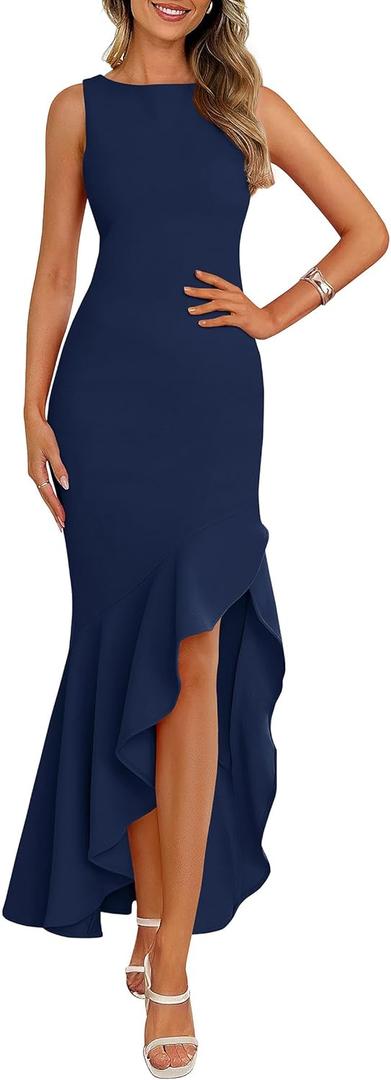 PRETTYGARDEN Wedding Guest Dresses for Women 2026 Summer Formal Gala Maxi Dress Ruffle Mermaid Cocktail Long Dresses (Blue, L)