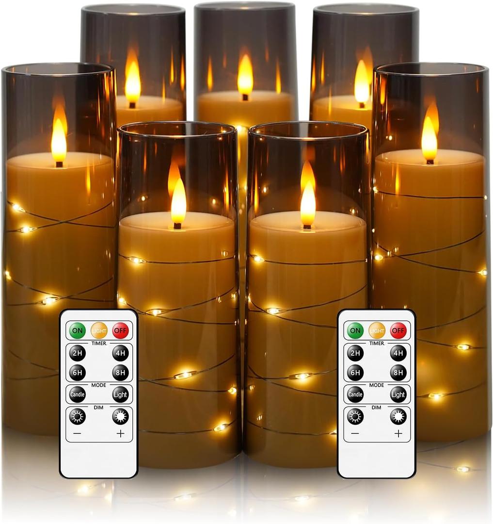 Flameless Candles with Embedded Star String, Battery Operated LED Pillar Candles with Timer and Remote Control, Home Decorating for Ambiance, Set of 7 (D 2.3"H 5" 5" 6" 6" 7" 7" 7")(Grey)
