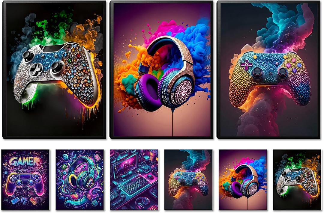 SEHSUVC Boys Gaming Decor Canvas Prints Wall Art 3 Piece, 24x16inch Framed | Colorful Neon Gaming Wall Decor,Wood Framed,Modern Gamer Bedroom Decor,Boys Posters for Bedroom,Game Room Bedroom Home Decor, 24L" x 16W"