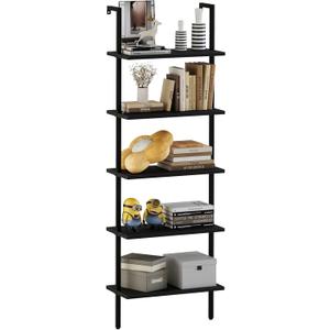 aboxoo Ladder Shelf Open 5-Tier Bookshelf Wall-Mounted Black Wood Bookcase Storage Rack Open Industrial Modern Plant Stand Utility Organizer Bookcase Metal Frame Furniture Office Bedroom (1PC)