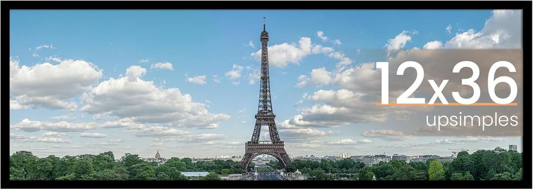 upsimples 12x36 Picture Frame, Display Pictures 10x30 with Mat or 12 x 36 Without, Wall Hanging Long Frames, Black, 1 Pack