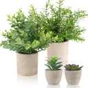 ALAGIRLS 4 Pack Small Fake Plants, 10" Artificial Plants Indoor Eucalyptus/Rosemary/Succulents, Small Faux Plants in Pulp Pot for Bathroom Bedroom Kitchen Office Living Room Decor (Green)