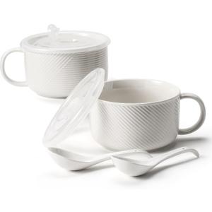 Ceramic Soup Bowls with Lids: 38 Ounce Extra Large Soup Mug with Handle & Spoon - Oversized Microwave Ramen Bowl Set of 2, 6 Inch, White