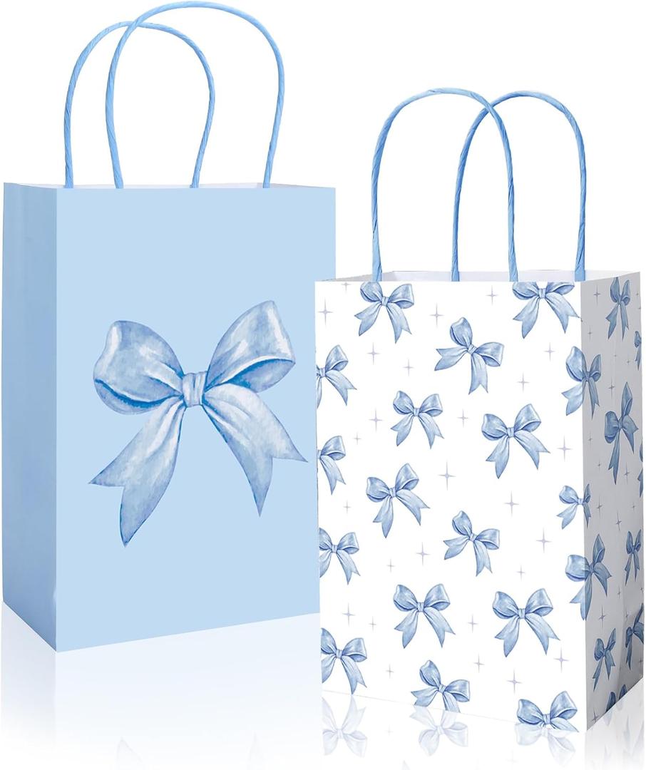 JarThenaAMCS 24Pcs Blue Bow Paper Bags Cute Bow Knot Treat Bag with Handles White Candy Goodie Bags Grocery Shopping Bag for Coquette Birthday Party Favors Supplies