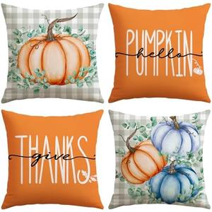Pack of 2 Artscope Fall Decorative Throw Pillow Covers 20x20 Inch Set of 4, Hello Pumpkin Give Thanks Buffalo Plaid Outdoor Farmhouse Pillow Cases for Home Sofa Couch-Orange