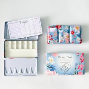 Bower Bird Travel Watercolor Palette, Portable Ceramic Palette 12 Well, Empty Paint Palette, Small Travel Metal Paint Box with Porcelain Palette (12-Well)