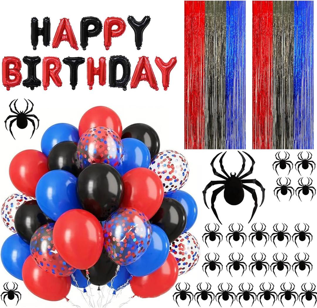 Jaciya Spider Themed Birthday Decorations Happy Birthday Banner, Red Black Blue Balloons and Foil Curtains, Spider Stickers