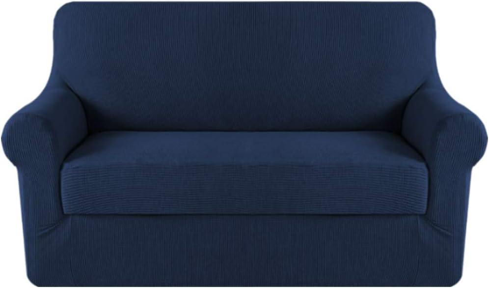 Couch Cover High Stretch 2 Piece Sofa Cover Furniture Protector Perfect Fit Durable Spandex Stretch Jacquard Fabric Super Soft Slipcover,2 Seater,Navy