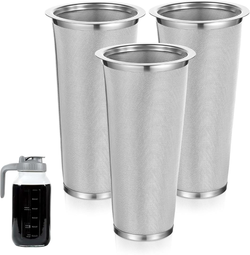 3 Pack Cold Brew Coffee Filter for 64oz Wide Mouth Mason Jar, 304 Stainless Steel Filter Ultra Fine Mesh Strainer, Reusable for Iced Coffee, Tea, Fruit Drinks