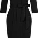 GRACE KARIN Womens Work Dresses V Neck 3/4 Sleeve Back Zipper Tie Waist Bodycon Dress Office Cocktail Dress with Pockets (Medium, Black)