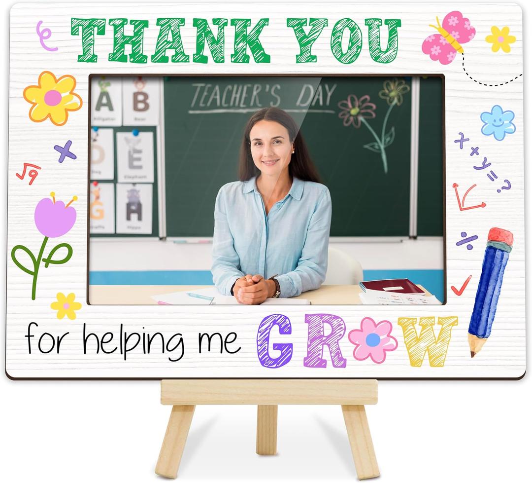 Teacher Picture Frame, Thank You for Helping Me Grow 4x6 Photo Frames, Small Wooden Photo Frame with Easel Stand, Teacher Appreciation Gifts for Table Decor Display -R04