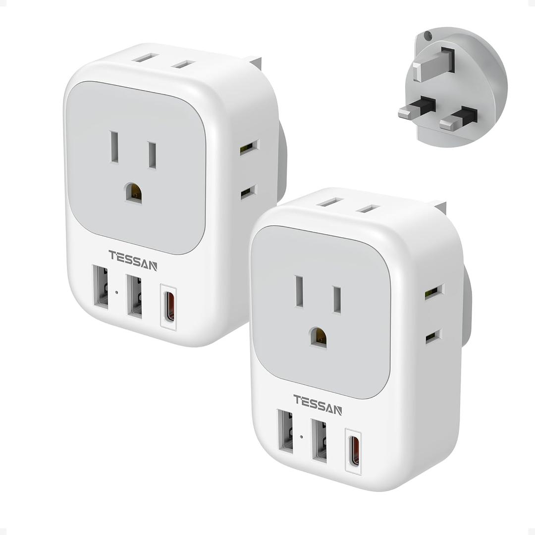 UK Adapters for Travel 2 Pack, TESSAN Type G US to UK Plug Adapter with 4 Outlets 3 USB Charger(1 USB C PD 20W), Power Adaptor for USA to Ireland Scotland Dubai Hong Kong England British Kenya London
