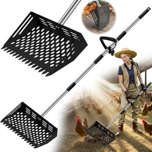 2 in 1 Chicken Poop Scooper & Rake, 12" Chicken Coop Scooper With Ergonomic Grip, Durable Chicken Scooper for Poop With 4 Length Adjustable Stainless Steel Handle(24 to 67") Litter Sifting Shovel