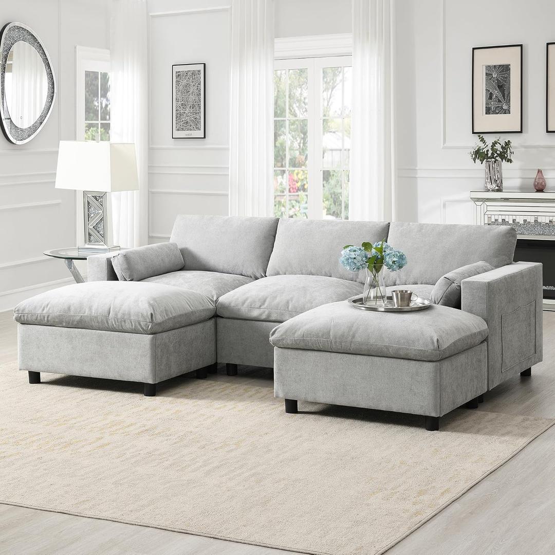 Ball & Cast 86.5" 5-Seat U-Shaped Sectional Sofa with 2 Movable Ottomans, Chenille Modular Cloud Couch Set with 2 Storage Pockets and Pillows, Free Combination for Living Room, Apartment, Medium Grey