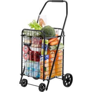 VEVOR Shopping Cart, Folding Grocery Utility Cart with Swivel Wheels, 90 LBS Large Load Capacity, Heavy Duty Rolling Laundry Basket Butler for Laundry, Shopping, Camping, Grocery, Luggage, Black