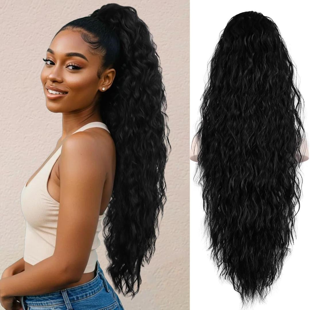30 Inch Black Ponytail Extension, Layered Ponytail Extensions for Women, Soft Wavy Claw Clip in Ponytail Extension, Natural Synthetic Hair Pieces for Women (Color: Black)