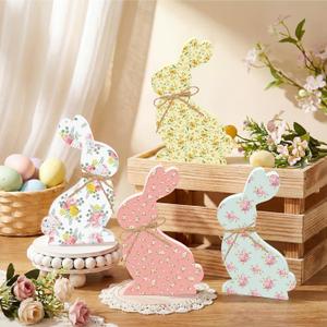 Amyhill 4 Pcs Easter Bunny Table Decorations Easter Rabbit Tiered Tray Decor Floral Pastel Bunny Signs Wooden Table Signs Boho Rustic Spring Tabletop Centerpieces for Spring Office Dining Room Home