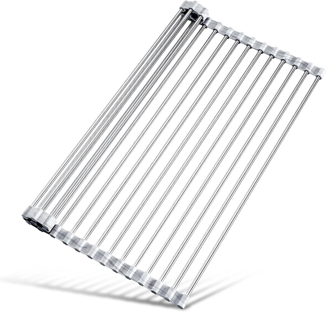 Tomorotec Stainless Steel Roll-Up Dish Drying Rack Marble Color Silicone Edges, Foldable Kitchen Rack Heat Resistant Trivet Supports up to 70 lbs, Food Safe for Dishes, Cookware & More (17.7 x 12.5 in)