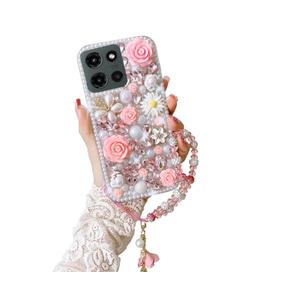 for Moto G 2025/2026,G Play 2026 Bling Case Luxury Cute Diamond Glitter Crystal Rhinestone 3D Rose Flowers Pearl Handmade Phone Cover for Women Girls with Wrist Strap,Pink