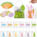 Sweetude 12 Pcs Small Easter Bunny Egg Clear Gift Bags with Handles Clear PVC Treat Candy Goodie Birthday Party Favor Gift Bags with 18 Pcs Carrot and Easter Egg Tags and 60g Grass Shredded Paper