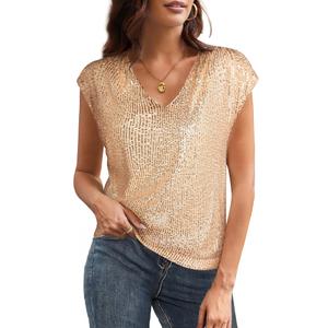 GRACE KARIN V Neck Sequin Short Sleeve Tops for Women Elastic Sparkly Tank Top for Party, Size 2XL